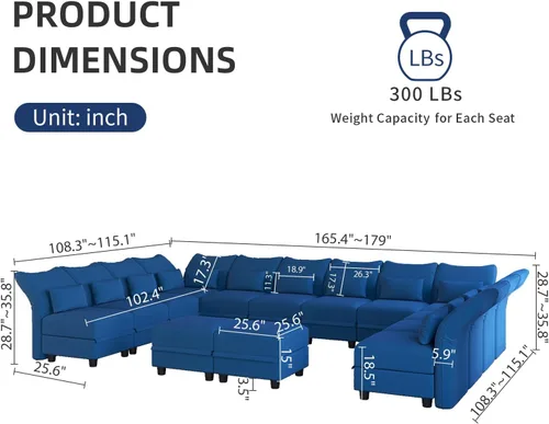 Vista 2 de LLappuil Sofá seccional convertible sobredimensionado en forma de U, sofá seccional modular con almacenamiento, fácil de limpiar, antiarañazos, 14