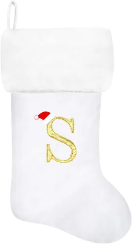 Vista 121 de Calcetines de Navidad bordados de 20 pulgadas con monograma, terciopelo negro con puño de felpa blanca supersuave, adornos clásicos para decoración