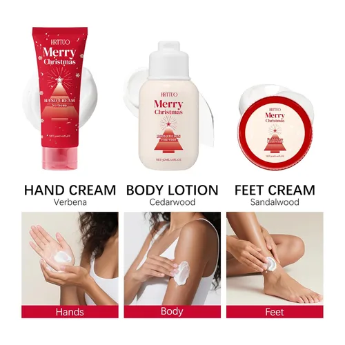 Vista 5 de Set de Cuidado Corporal de Navidad para Mujeres - Loción Hidratante con Fragancia, Crema de Manos y Crema de Pies, Reparación y Nutrición para Piel