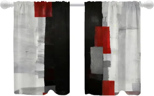 Vista 12 de Shrahala Beige and Orange Abstract Art Brushstrokes Blackout Curtain Tiers, Abstract Oil Paint Kitchen Valance Light Blocking Tier Drapes with Rod