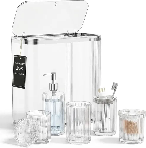 Vista 13 de Juego de accesorios de baño de cristal negro, 5 piezas, dispensador de jabón acanalado vintage, soporte para cepillo de dientes, vaso, tarro Qtip