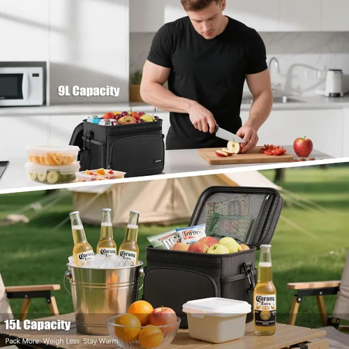 Vista 5 de Lonchera térmica para mujeres y hombres, bolsa térmica suave para el trabajo, oficina, viajes, picnic, color negro, 9L