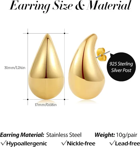 Vista 7 de SLOONG Waterdrop - Aretes colgantes de oro grueso con forma de lágrima, ligeros, chapados en oro de 18 quilates, aretes de plata de ley 925, joyería
