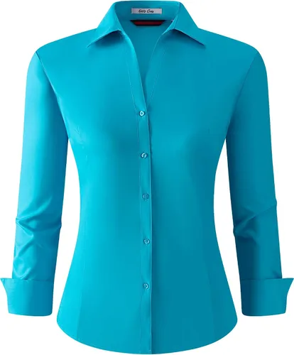 Vista 13 de Damipow Camisas de vestir para mujer, sin arrugas, con botones, de manga larga, blusas para el trabajo profesional