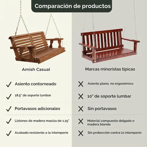 Vista 3 de Columpio Amish resistente para terraza (800 lb) con cadenas para colgar y posavasos, Unfinished