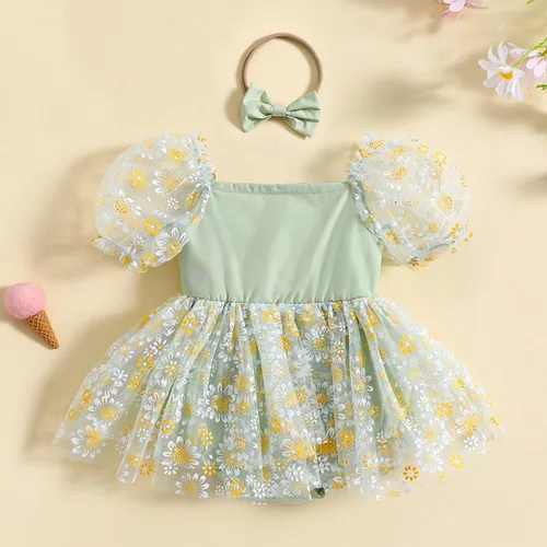 Vista 2 de IDOPIP Conjunto de 2 piezas para bebé recién nacido, con diadema, bordado de flores, tutú, princesa, fiesta de cumpleaños, conjunto de ropa