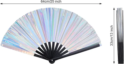 Vista 2 de SUMERSHA 1 ventilador holográfico grande para rave, ventilador de mano plegable, gran ventilador iridiscente de mano para club nocturno, festival