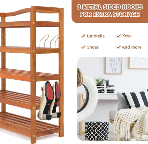 Vista 4 de Giantex Zapatero de 5 niveles, estante de madera de acacia con ganchos laterales de metal, capacidad para 12-18 pares, organizador de zapatos