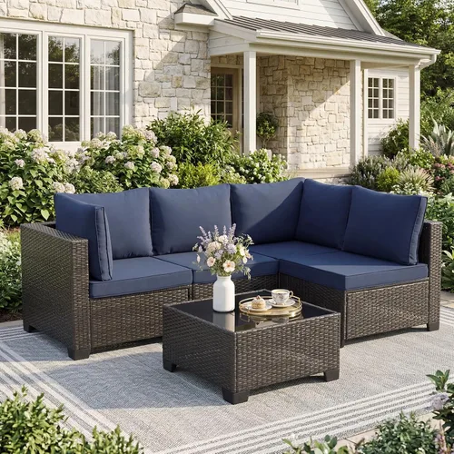 Vista 36 de ANJ Juego de muebles de mimbre para patio de 3 piezas, sofá modular de dos plazas con mesa de centro de cristal, juego de sofá de conversación