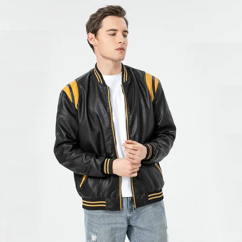 Vista 3 de chuida Chaqueta Bomber de Motocicleta de Cuero Sintético PU para Hombre, Cuello de Pie, Forro Polar, Resistente al Viento, Ligera, Abrigos