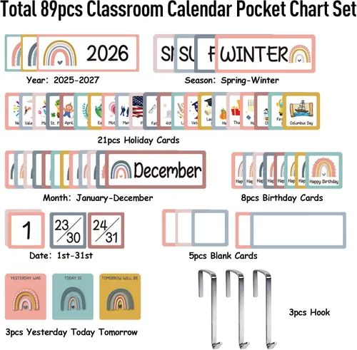 Vista 3 de Calendario de aula negro con 89 tarjetas para estudiantes y niños, calendario grande para aula, suministros para profesores en casa, escuela