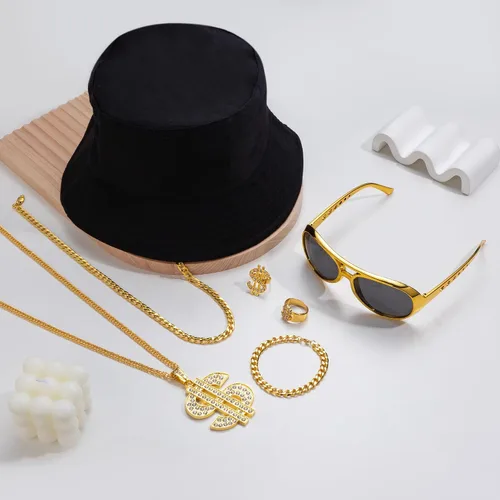 Vista 4 de Kit de disfraces de hip hop de los años 90 y 80 para hombres, accesorios de fiesta de rapero