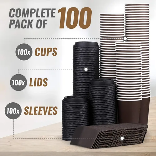 Vista 4 de Promora Tazas de café café desechables de 16 onzas con tapas y mangas, tazas de papel prémium (paquete de 100)