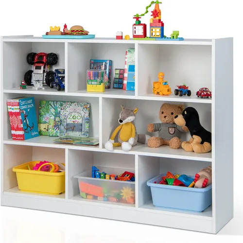 Vista 10 de Giantex Estantería de madera de 8 cubos, estantería independiente abierta de 3 niveles, estante de exhibición multiusos para sala de estar