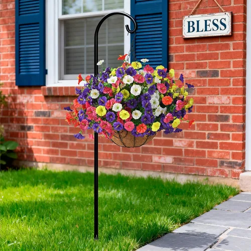 Vista 6 de Homsunny Plantas artificiales colgantes con cesta para exteriores, petunias falsas, de seda, para exteriores, porche, patio, balcón, jardín