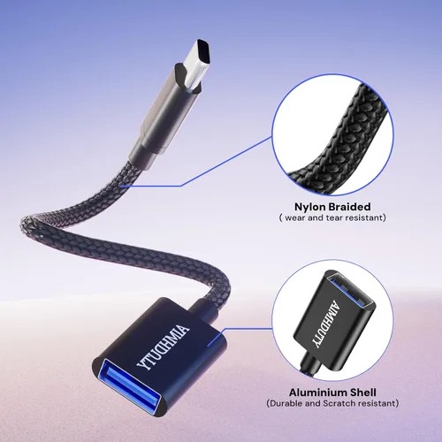 Vista 3 de Paquete de 2 adaptadores USB C a USB, cable USB C macho a USB hembra OTG, trenzado de nailon, carcasa de aluminio, compatible con iPhone 17, 16, 15