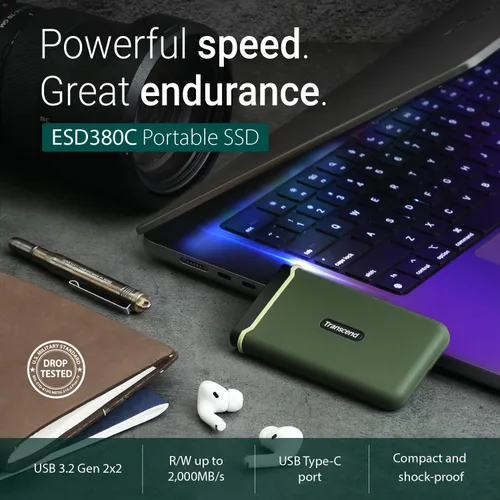 Vista 4 de Transcend 500GB ESD380C, External Solild State Drive, Portable SSD, Rugged Shield, Gen 2x2 USB Type-C, Up to 2000 MB/s - TS500GESD380C