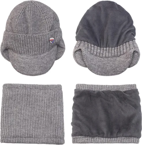 Vista 4 de Muryobao Gorro de invierno para hombre, con visera de punto, con forro polar y calentador de cuello