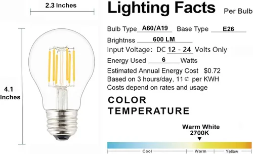Vista 3 de Bombilla LED de entrada de bajo voltaje de 12 V-24 V, estilo clásico A19 (A60), 6 W 600 lm, regulable con atenuador PWM de 12 V CC, lámpara de base