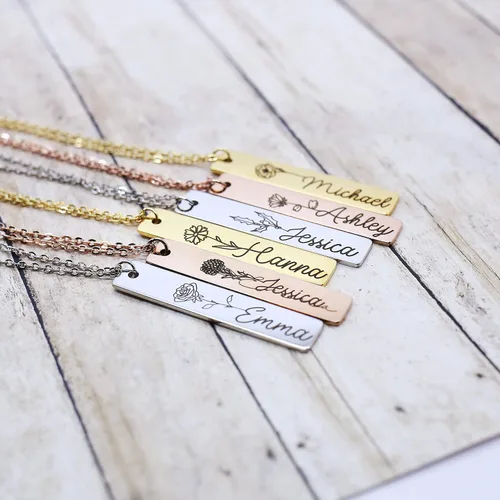Vista 2 de Personalized Flower Name Bar Pendant Necklace Custom Engraved Jewelry Gift for Her Couples Girlfriend Delicate Handcrafted Accessory Mother Daughter