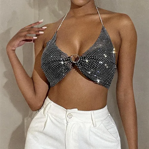 Vista 8 de Camiseta corta sin espalda con diamantes de imitación brillantes para mujer, sexy, halter, transparente, para salir por la noche, fiesta, club