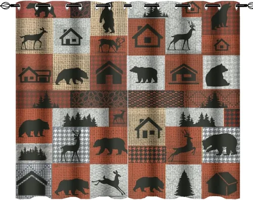 Vista 25 de Cortinas de oscurecimiento estilo campestre con osos, alces y ciervos, cortinas opacas para ventanas con ojales, tratamiento de ventanas eficiente
