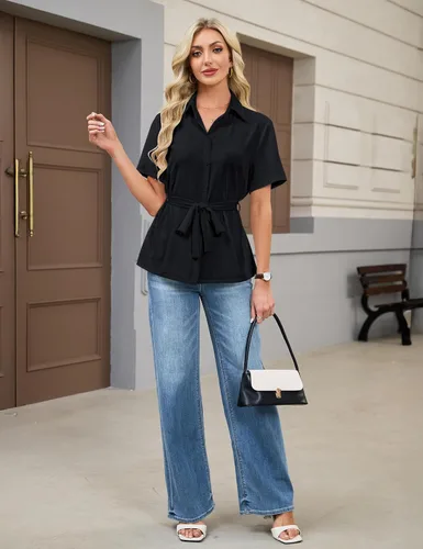 Vista 9 de Blooming Jelly Camisa con botones para mujer, cuello con lazo, manga corta, casual, para negocios, blusa de trabajo a la moda de verano