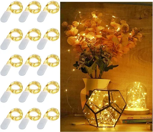 Vista 8 de Paquete de 15 luces de hadas que funcionan con pilas, 6.6 pies, 20 luces LED de tarro de masón, alambre plateado, impermeable, luciérnaga, mini