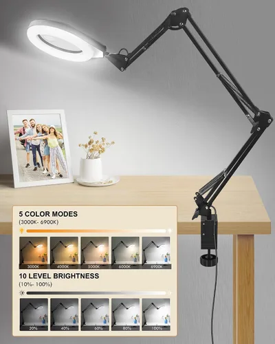 Vista 5 de Lupa 10X y 5X con luz, brazo oscilante ultra largo, 5 colores y 10 de brillo, lente de cristal real, lámpara de aumento grande para manualidades