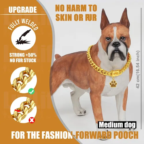 Vista 7 de Collares de Cadena de Perro de Oro LuxLife Collar de Perro de Oro 10mm Collar de Perro de Oro de Eslabones Cubanos de Acero Inoxidable Collar