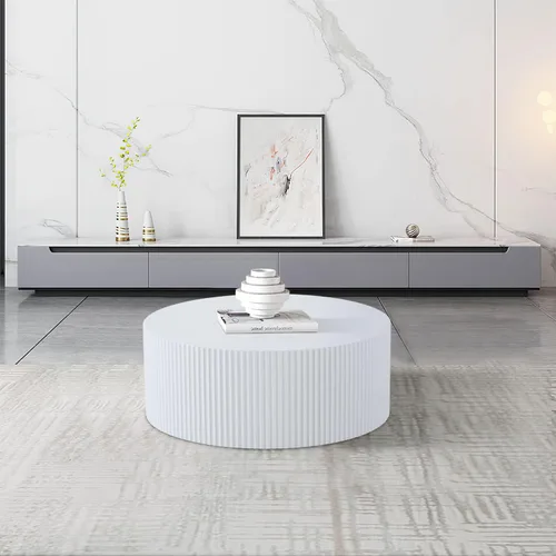 Vista 6 de Mesa de centro moderna redonda blanca de tambor de madera, mesas auxiliares circulares de gran tamaño, juego de mesa auxiliar para sala de estar