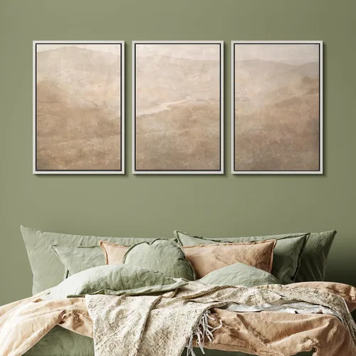 Vista 89 de SIGNFORD - Set de obras de arte en lienzo enmarcado para pared, ilustraciones abstractas de neblina del desierto en tonos neutros beige y marrón