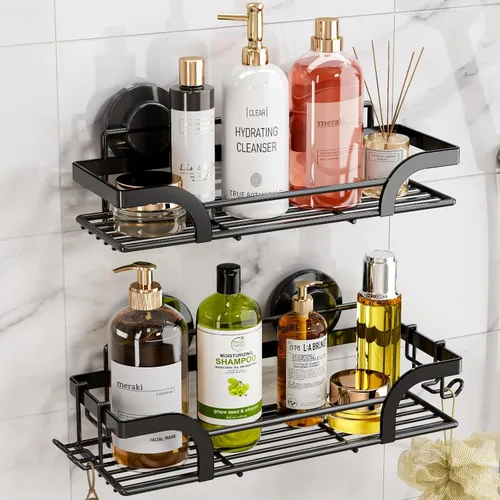 Vista 17 de LEVERLOC Organizador de ducha con ventosa, estante de baño negro con gancho y soporte para jabón, organizador de baño sin taladro