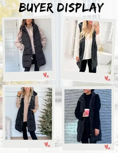 Vista 4 de Gihuo Chaleco largo acolchado de invierno para mujer, con capucha, sin mangas, con cremallera, chaleco largo