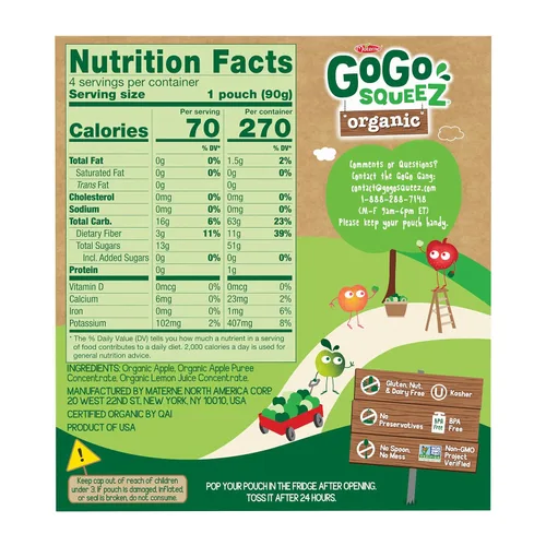 Vista 2 de GoGo squeeZ Puré de manzana orgánico y puré de fruta sin azúcar añadido, manzana manzana, bolsas de 3.2 onzas (paquete de 48), aperitivos de frutas