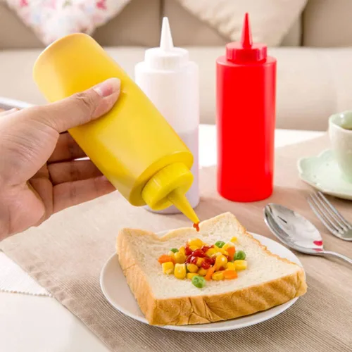 Vista 4 de Botellas de plástico de 3 colores para salsa exprimible con tapas de boquilla, dispensadores de botellas de condimentos reutilizables para mostaza