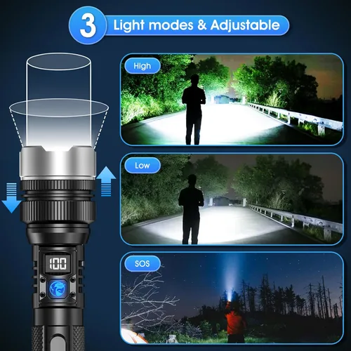 Vista 5 de Linterna con 10000 lúmenes, carga rápida tipo C y tiempo de funcionamiento de 16 horas, 3 modos, zoom telescópico, impermeable, linterna de mano