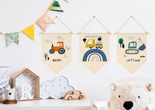 Vista 2 de Transporte, construcción, construcción de vehículos, decoración de guardería, decoración de bandera para bebés, niños, recién nacidos, banderines