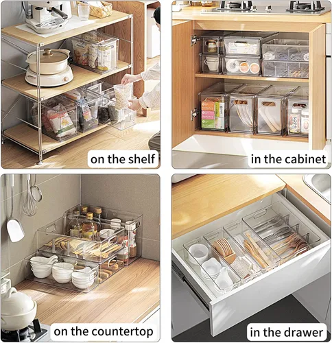 Vista 6 de Paquete de 3 contenedores organizadores de refrigerador con cajón extraíble, juego organizador de cajones apilables para refrigerador con asa