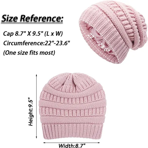 Vista 2 de Gorro de invierno para mujer, sombrero de protección para el cabello, gorro de punto cable suave, gorro de nieve con forro de satén para mujer