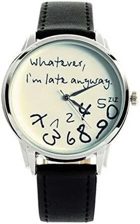 Vista 2 de Whatever, I'm late anyway" Print Leather Women Men Silver Quartz Watch Black wWhite, Reloj de cuarzo