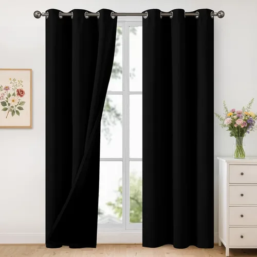Vista 133 de YoungsTex - Cortinas 100% opacas para dormitorio, con aislamiento térmico y ojales, cortinas oscuras negras con capa pesada para ventana de sala
