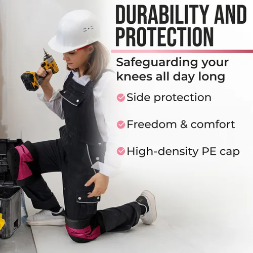 Vista 3 de PRO - Rodilleras estilo constructor para mujer con 3 niveles de protección, rosa, 1 par, tapa de plástico de soporte plano y cierres ajustables
