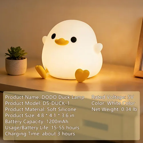 Vista 7 de FAMIDUO Luz nocturna de pato, bonita lámpara de pato DoDo, luz de noche de silicona blanda regulable para guardería de bebé con temporizador, luz