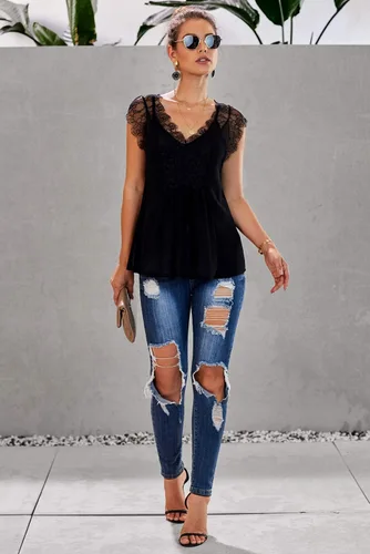 Vista 5 de Blusa de encaje con cuello en V para mujer, blusa casual sin mangas