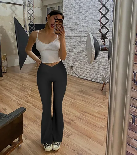 Vista 7 de MOOSLOVER Pantalones de yoga acanalados para mujer, con corte de bota, cintura alta, acampanados, leggings de entrenamiento