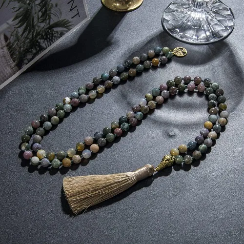 Vista 3 de Hovaete Collar de 108 cuentas de oración de mala, piedras naturales, meditación y yoga, joyería de 108 nudos a mano con cuentas de japa mala, collar