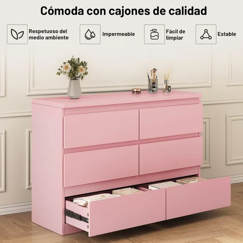 Vista 4 de Jocoevol Cómoda moderna rosa con 6 cajones, cómoda para dormitorio, armario, sala de estar, pasillo, entrada, cómoda doble de almacenamiento