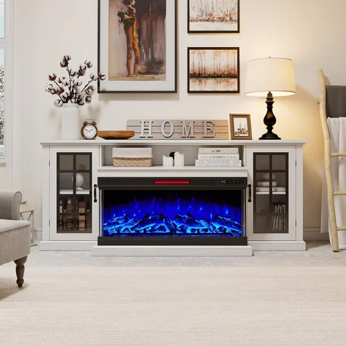 Vista 2 de LUXOAK Soporte de TV con chimenea de 75 pulgadas con chimenea eléctrica de Blanco envejecido