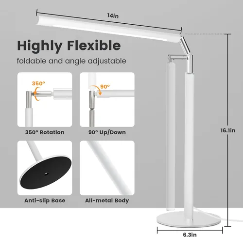 Vista 4 de Lámpara de Escritorio LED Blanca - Luz de Escritorio Industrial Plegable para Oficina en Casa, Lámpara de Mesa Regulable de 15W para Lectura